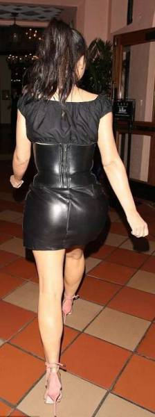 Kim Kardashian in Sexy Black Leather Mini Skirt