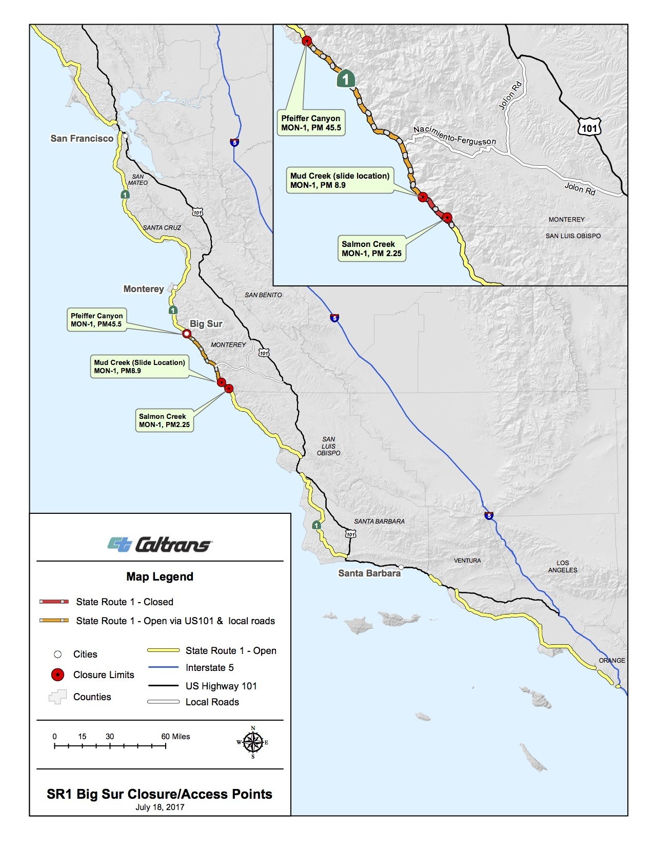 A Caltrans Map Of Highway 1 Closures That Remain In Place As Of July 18. (Caltrans)