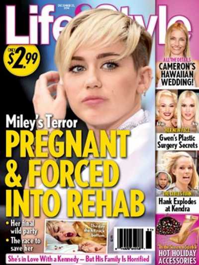 When Miley was pregnant (again) and heading to rehab (Life & Style, December 2014)