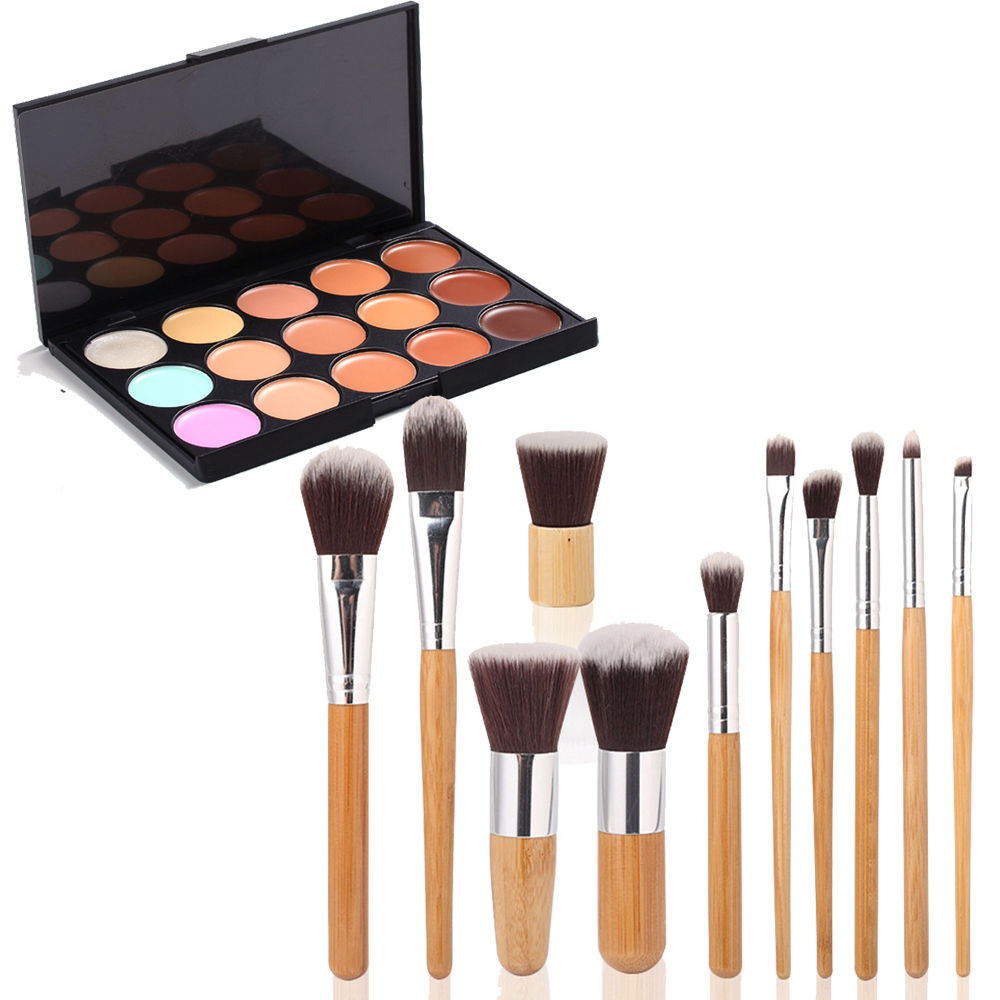 New 15 Colors Face Cream Makeup Concealer Palette 11Pcs Bamboo Flat Brush Set US