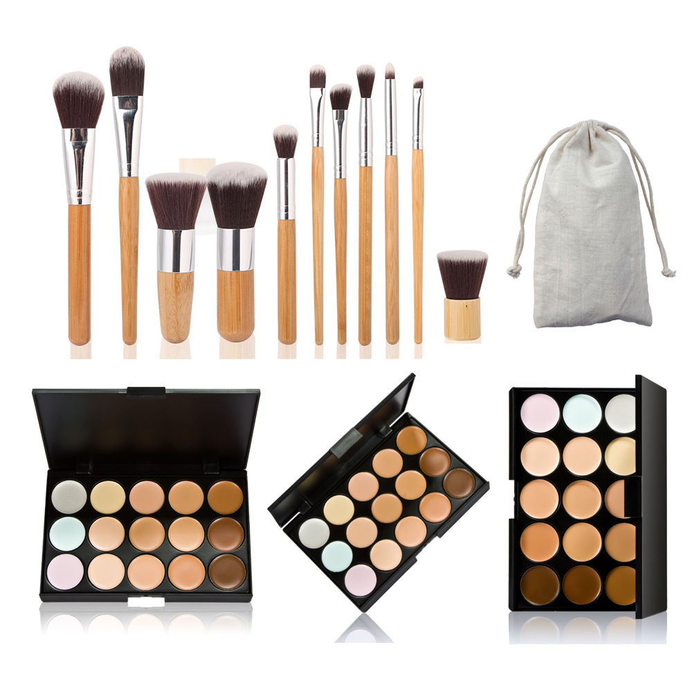 New 15 Colors Face Cream Makeup Concealer Palette 11Pcs Bamboo Flat Brush Set US