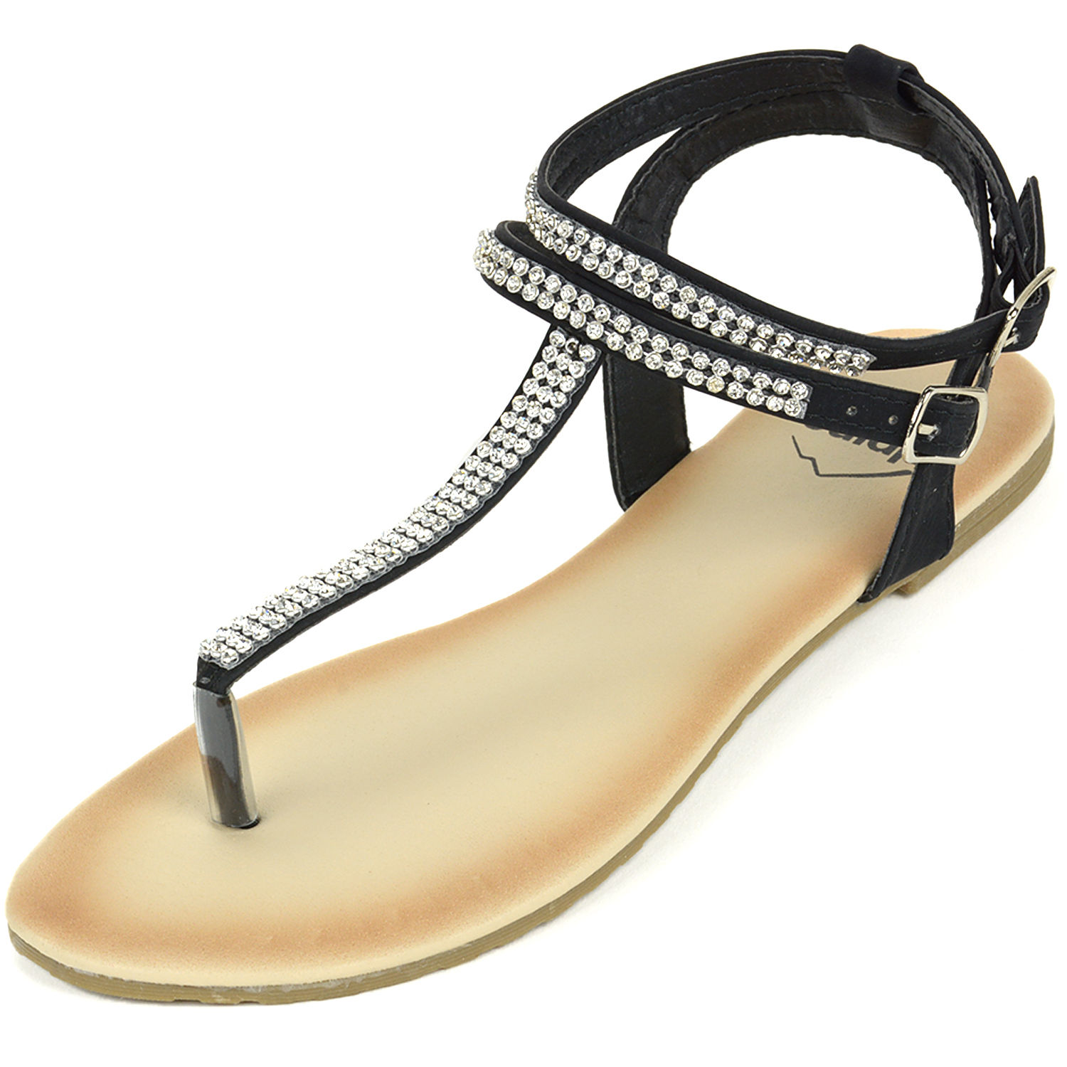 Women's Gladiator Sandals Ankle Strap Rhinestone Flats Roman Slingback T-Strap