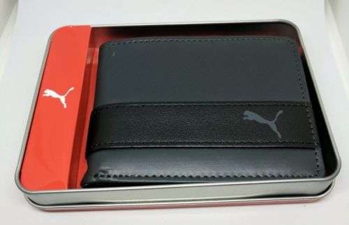 New Mens Puma Bi Fold Authentic Sport Street Black/Grey Wallet with Metal Box Leather Wallet Deals & Coupons