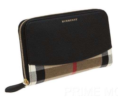 NEW BURBERRY LUXURY CHECK CANVAS BLACK LEATHER LOGO ZIP AROUND WALLET CLUTCH Best Deal in USA